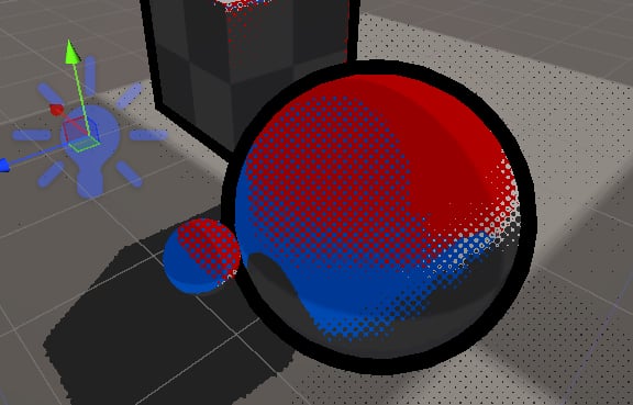 Red, blue, and white light blending in a halftone pattern