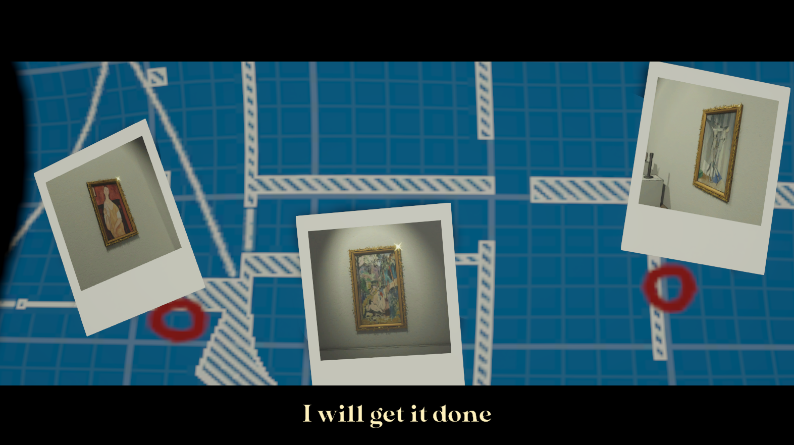 A closeup of a blueprint map over a museum. Pictures of paintings have been laid on the blueprint, with circles marking their locations.