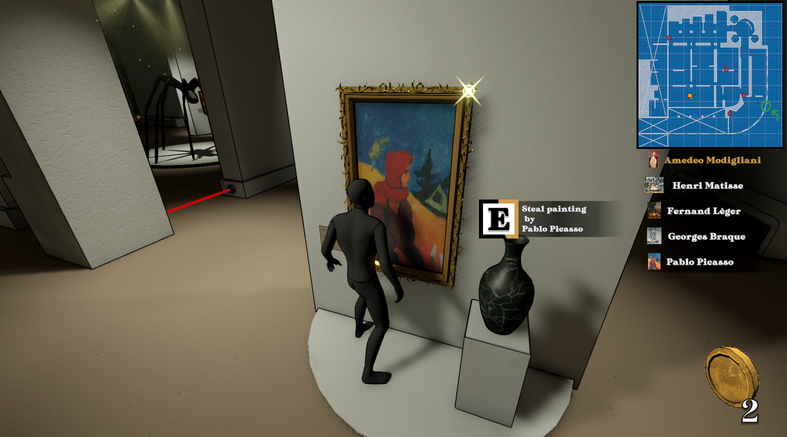 A burglar looking at a painting in a closed museum.