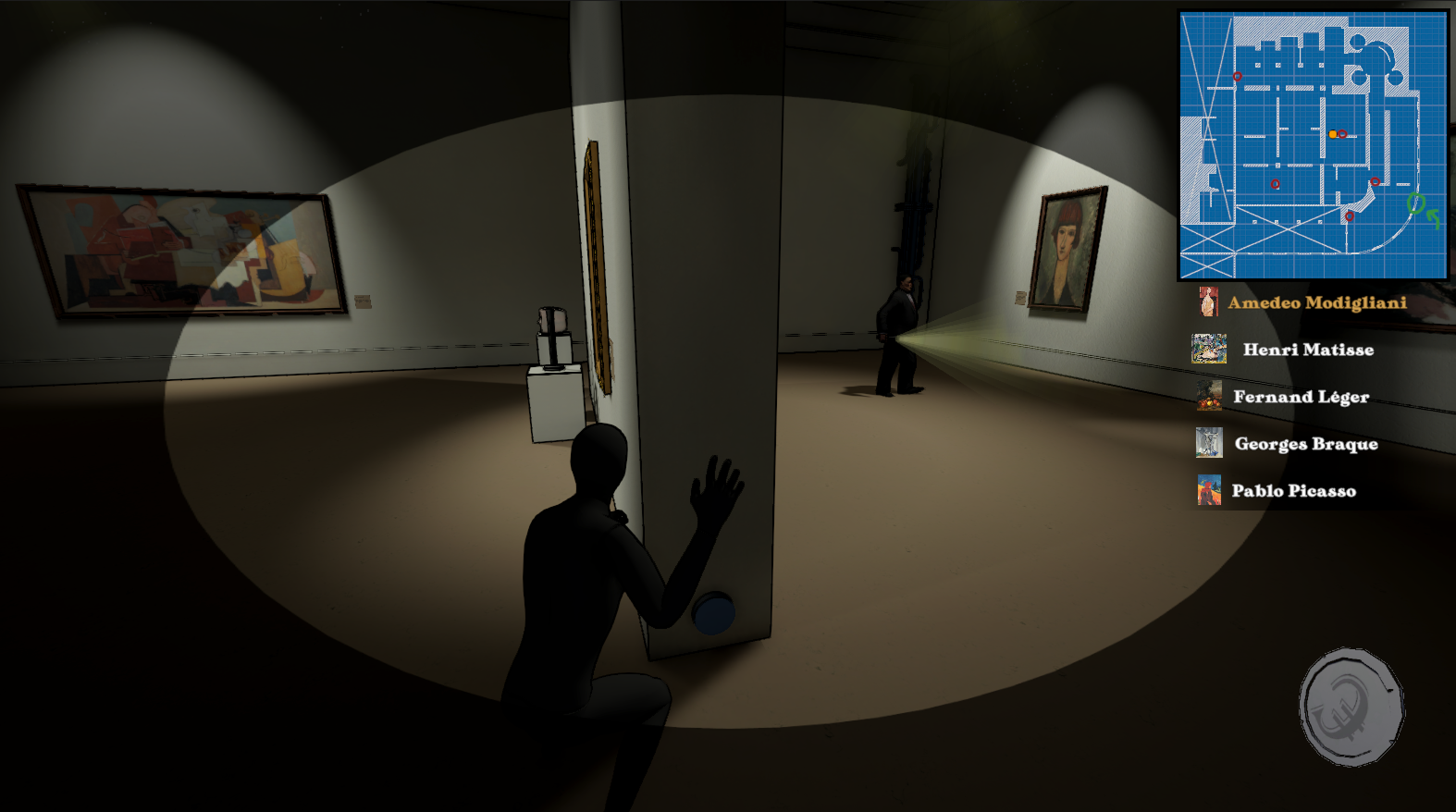 A burglar sneaking around in a closed museum.