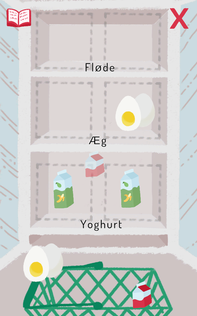 A minigame where the user stacks dairy items on shelves with matching names