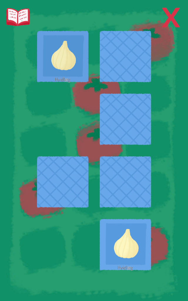 A memory match game with fruits and vegetables and their names