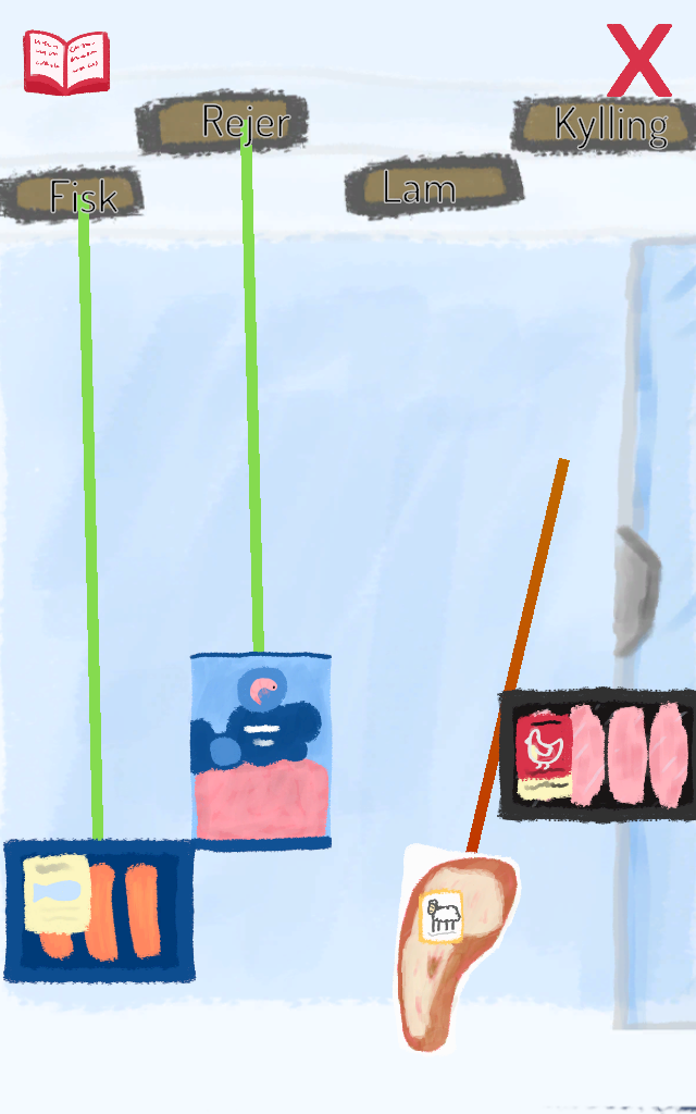 A minigame where the user draws lines between meat items and their names