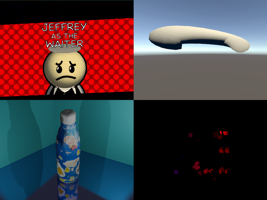 Four different computer-graphic images in a grid. The top left is a cartoony person. Top right a sphere distorted to fit a bezier-curve. Bottom left a mesh from a gaussian splat in a virtual environment. Bottom right a set of cubes being lit by a red light.