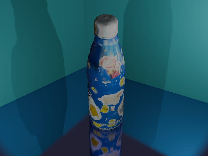 A bottle in a Unity scene. The bottle itself is a mesh generated from a gaussian splat